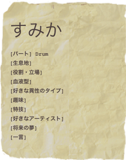 

[パート] Drum
[生息地] 
[役割・立場] ほんわか担当
[血液型] 
[好きな異性のタイプ] 
[趣味] 
[特技] 
[好きなアーティスト] 　
[将来の夢] 
[一言] 